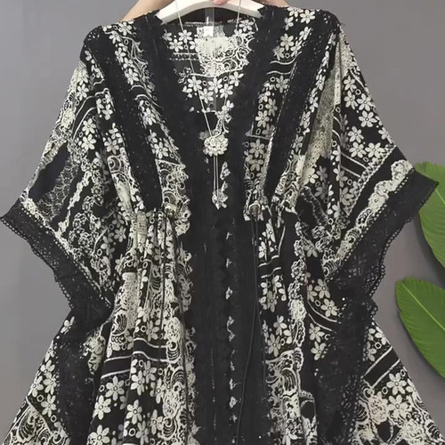 2025夏季减龄新款大码女装胖MM时尚气质洋气蝙蝠袖松紧腰遮肉大衫 - 图0