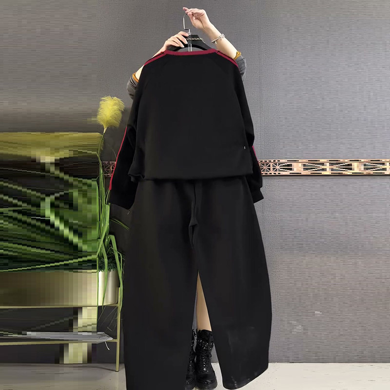 大码女装字母条纹拼色卫衣套装运动风显瘦新款上衣裤子时尚两件套,淘宝优惠券,粉丝福利购,淘宝优惠卷