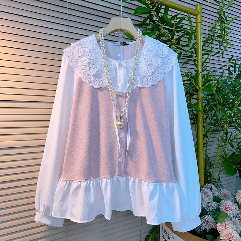 娃娃领大码女装小衫2026春季新款拼接系绳上衣胖mm显瘦纽扣开衫潮,淘宝优惠券,粉丝福利购,淘宝优惠卷