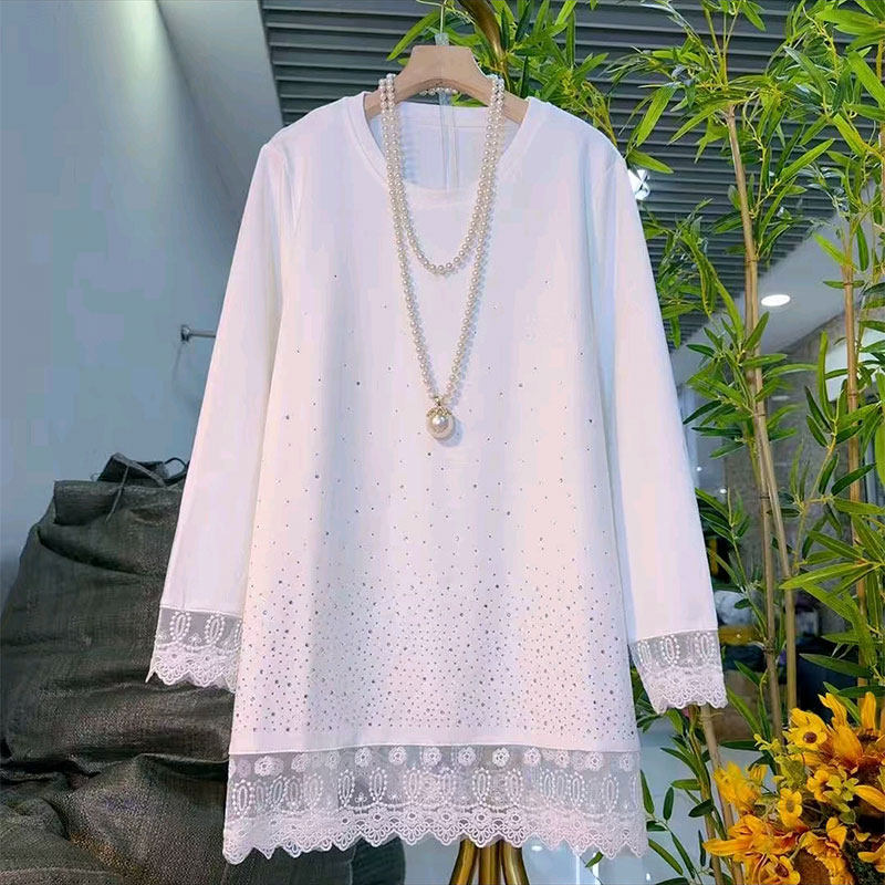 2026春季新款韩版时尚亮钻拼接蕾丝花边T恤上衣大码女装遮肉大衫,淘宝优惠券,粉丝福利购,淘宝优惠卷