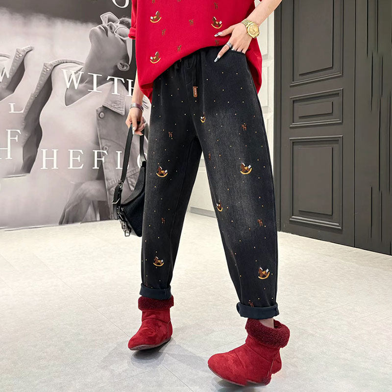 冬季新款刺绣休闲牛仔裤加绒大码女装遮肉显瘦复古洋气百搭减龄潮,淘宝优惠券,粉丝福利购,淘宝优惠卷