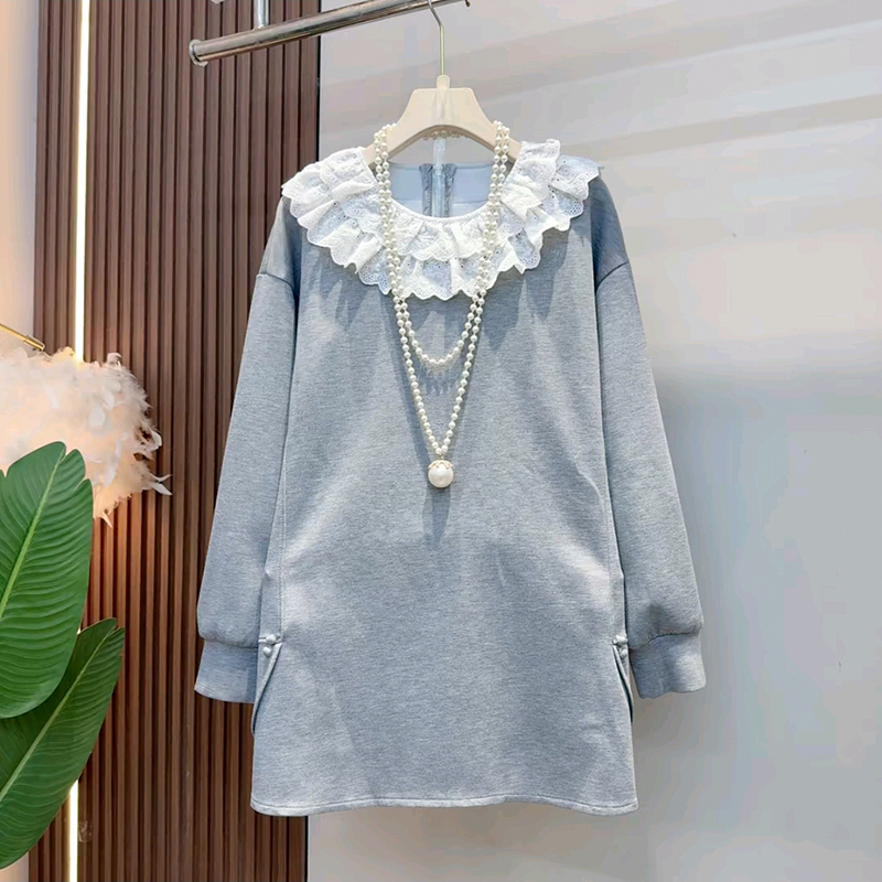 2025秋季新款甜美减龄蕾丝领中长款卫衣大码女装胖mm遮肉显瘦大衫 - 图1