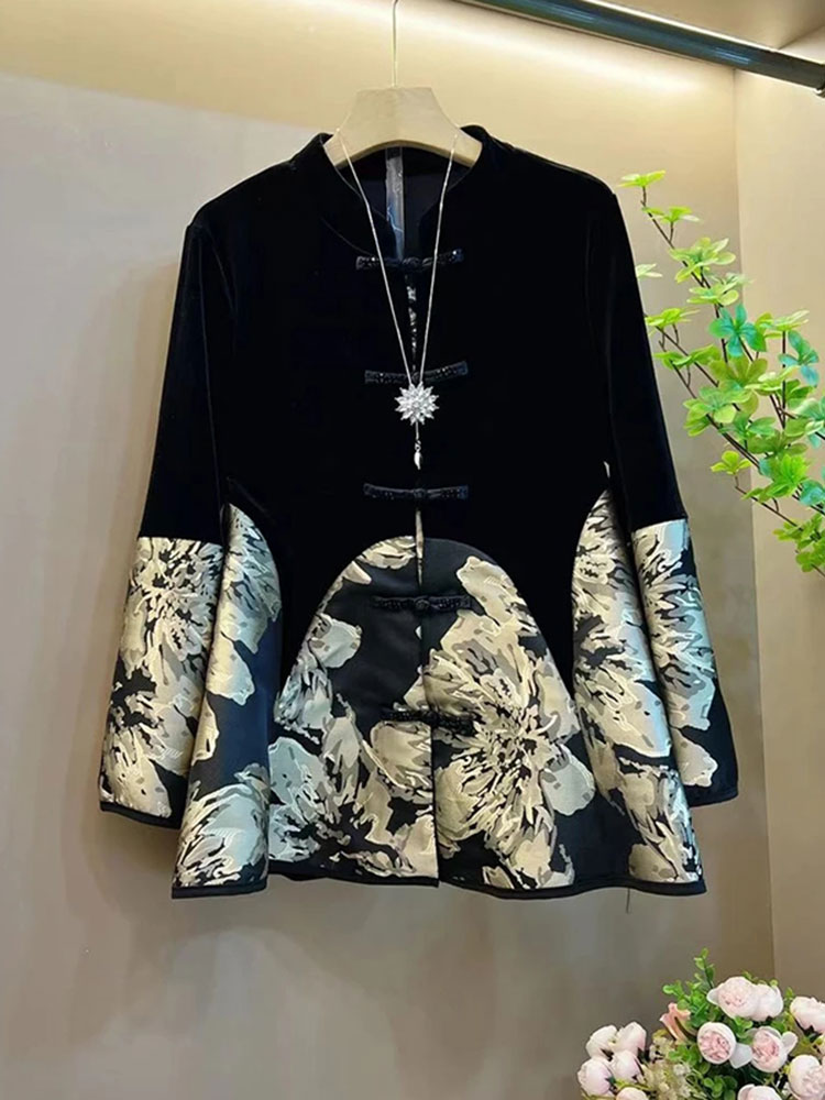 胖妹妹大码女装新款中式国潮圆领丝绒拼接盘扣设计洋气百搭上衣女,淘宝优惠券,粉丝福利购,淘宝优惠卷