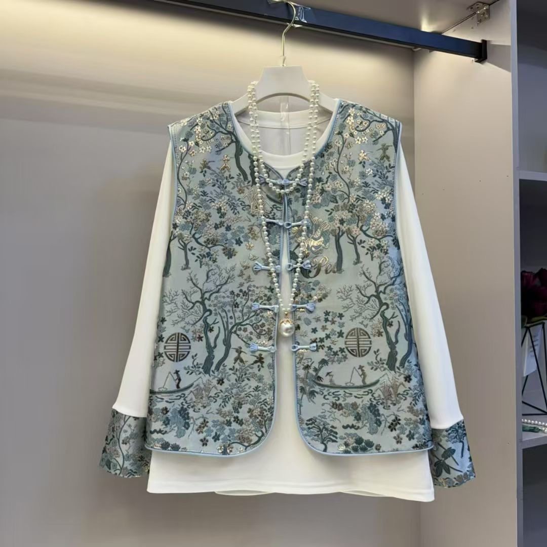 复古风套装胖妹妹2025大码女装春季新品提花盘扣马甲打底衫两件套,淘宝优惠券,粉丝福利购,淘宝优惠卷