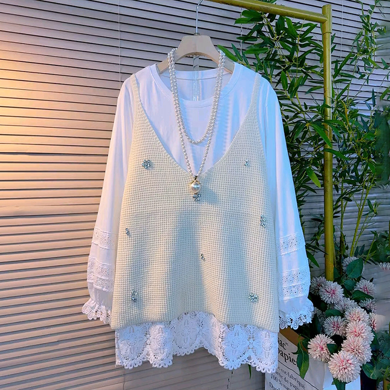 胖妹妹大码女装春季新款韩系中长款吊带订珠针织马甲搭蕾丝花边衫,淘宝优惠券,粉丝福利购,淘宝优惠卷
