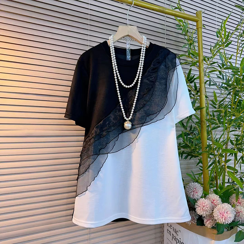 胖MM2025夏季新款设计减龄拼接欧根纱荷叶边撞色上衣大码女装半袖