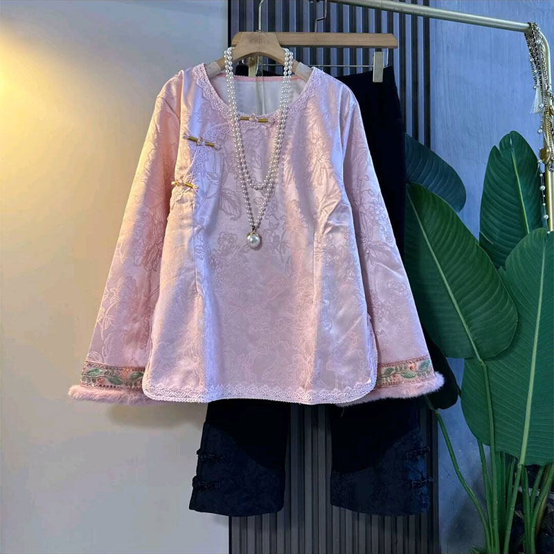 胖妹妹冬季新款大码女装中式国风缎面提花加绒盘扣上衣百搭裤子女,淘宝优惠券,粉丝福利购,淘宝优惠卷