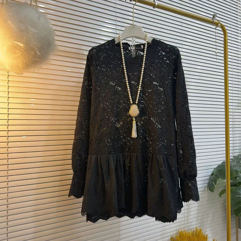 百搭时尚大码女装冬季新款镂空蕾丝衫性感花边拼接百搭打底衫上衣,淘宝优惠券,粉丝福利购,淘宝优惠卷