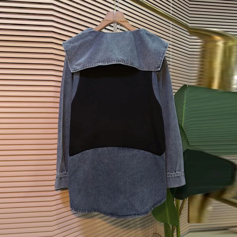 2026春季新款欧货时尚娃娃领牛仔拼接假两件上衣大码女装洋气卫衣,淘宝优惠券,粉丝福利购,淘宝优惠卷