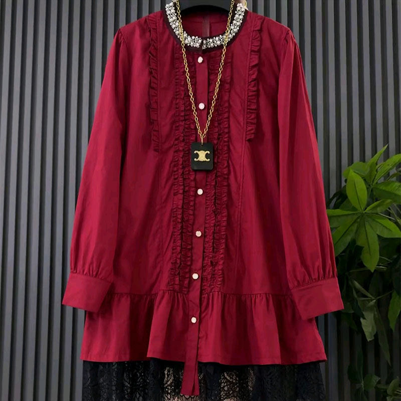 新款时尚钉珠圆领蕾丝拼接衬衫裙大码女装胖mm宽松遮肉显瘦大衫裙,淘宝优惠券,粉丝福利购,淘宝优惠卷