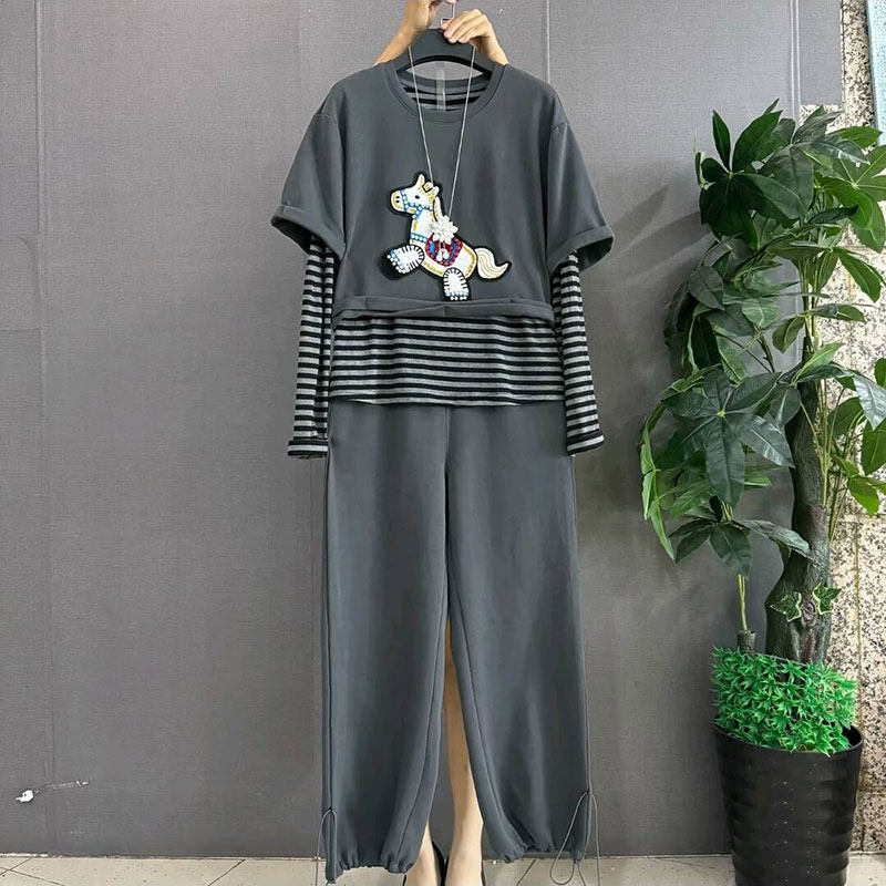 2026春季新款大码女装时尚条纹拼接假两件休闲上衣裤子显瘦两件套,淘宝优惠券,粉丝福利购,淘宝优惠卷