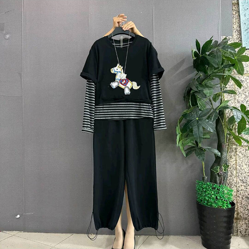 2026春季新款大码女装时尚条纹拼接假两件休闲上衣裤子显瘦两件套,淘宝优惠券,粉丝福利购,淘宝优惠卷