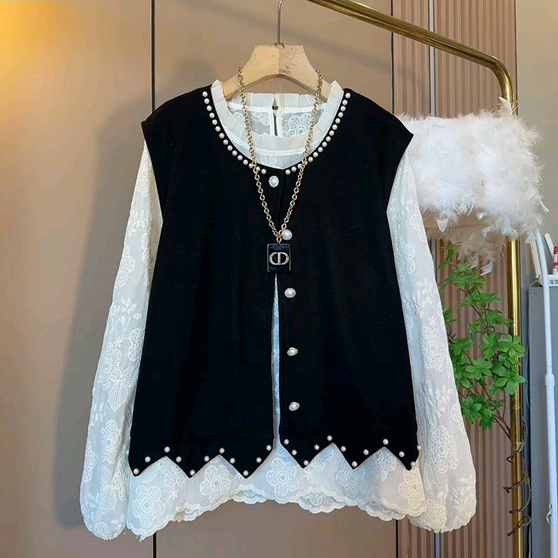 胖mm2026春季新款大码女装欧货时尚洋气韩版钉珠马甲蕾丝衫两件套,淘宝优惠券,粉丝福利购,淘宝优惠卷