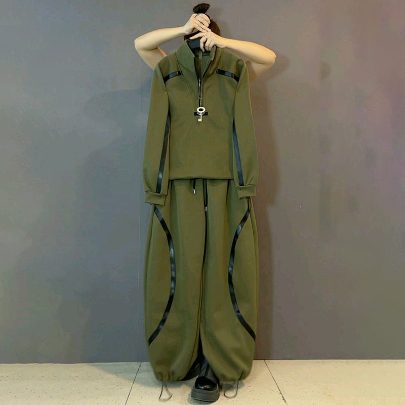 新款胖妹妹大码女装欧货设计感拼条半拉链卫衣裤子阔版休闲套装潮,淘宝优惠券,粉丝福利购,淘宝优惠卷