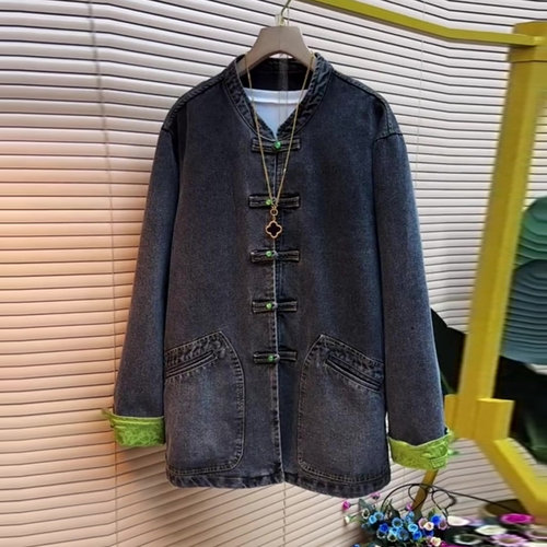 2024春新款微胖显瘦女装大码小众爆款新中式时尚设计牛仔外套衬衫 - 图0