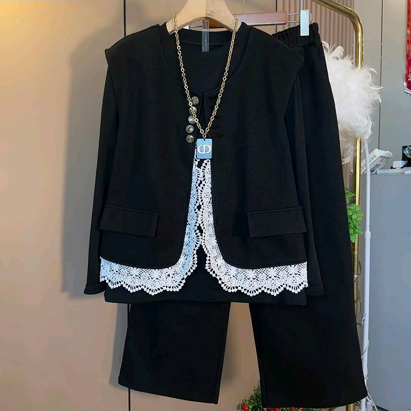 2025秋季爆款大码女装蕾丝拼接薄呢马甲休闲直筒裤打底衫三件套潮 - 图0