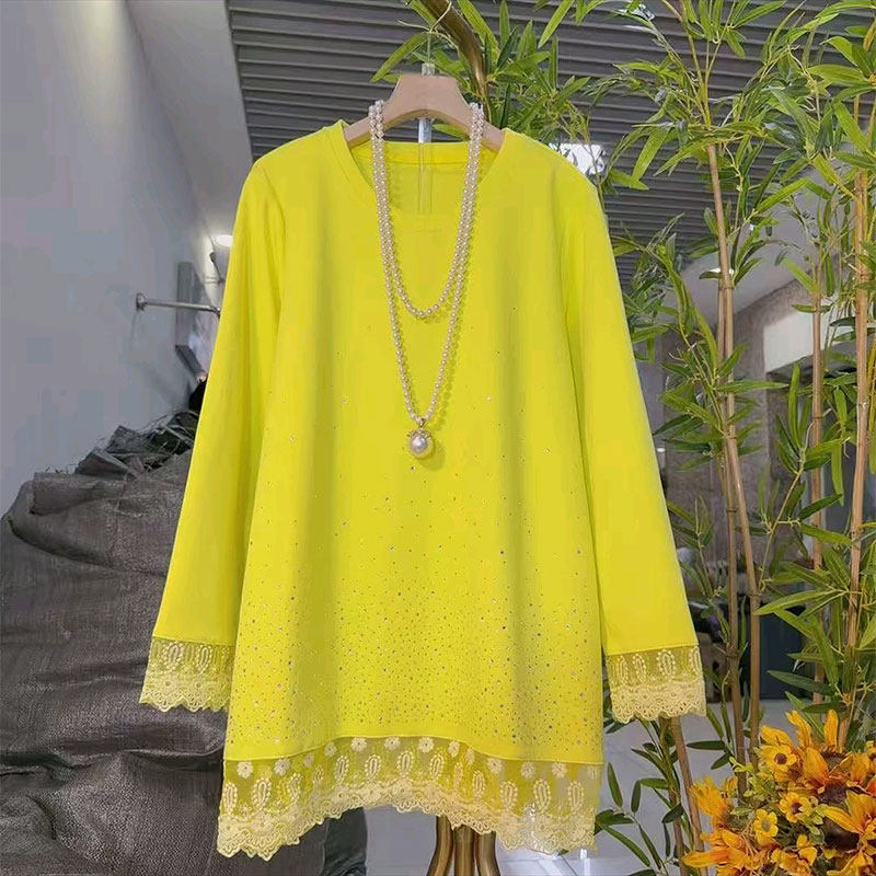 2026春季新款韩版时尚亮钻拼接蕾丝花边T恤上衣大码女装遮肉大衫,淘宝优惠券,粉丝福利购,淘宝优惠卷