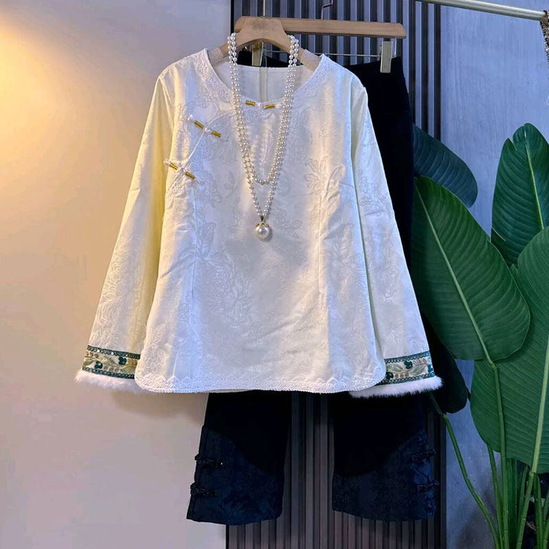 胖妹妹冬季新款大码女装中式国风缎面提花加绒盘扣上衣百搭裤子女,淘宝优惠券,粉丝福利购,淘宝优惠卷