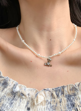 甜美公主风微镶锆石珍珠项链女滴油爱心小熊锁骨链高级感轻奢项链