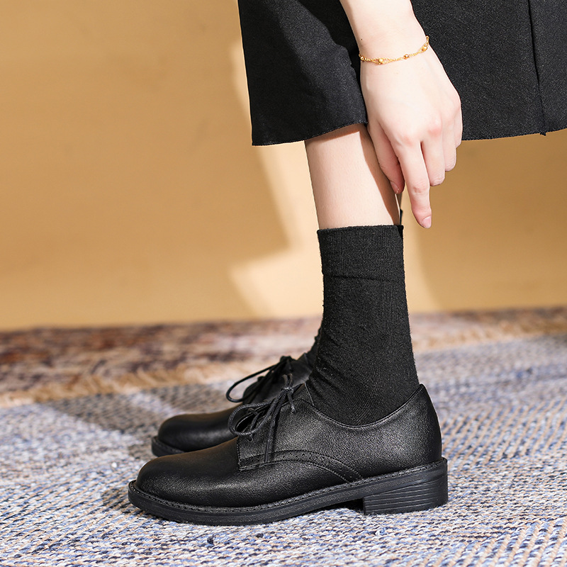 系带小皮鞋女英伦风春秋2022新款软底单鞋女黑色圆头绑带工作鞋女 - 图1