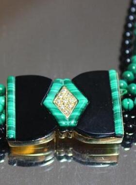 西洋古董珠宝首饰欧洲回流进口二手孔雀石黑玛瑙14K金女6链项链