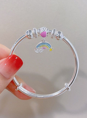 香港正生正品彩虹纯银学生手镯纯银9999女中童实心银镯儿童节生日