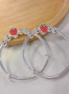 草莓纯银手镯女宝宝儿童学生银镯