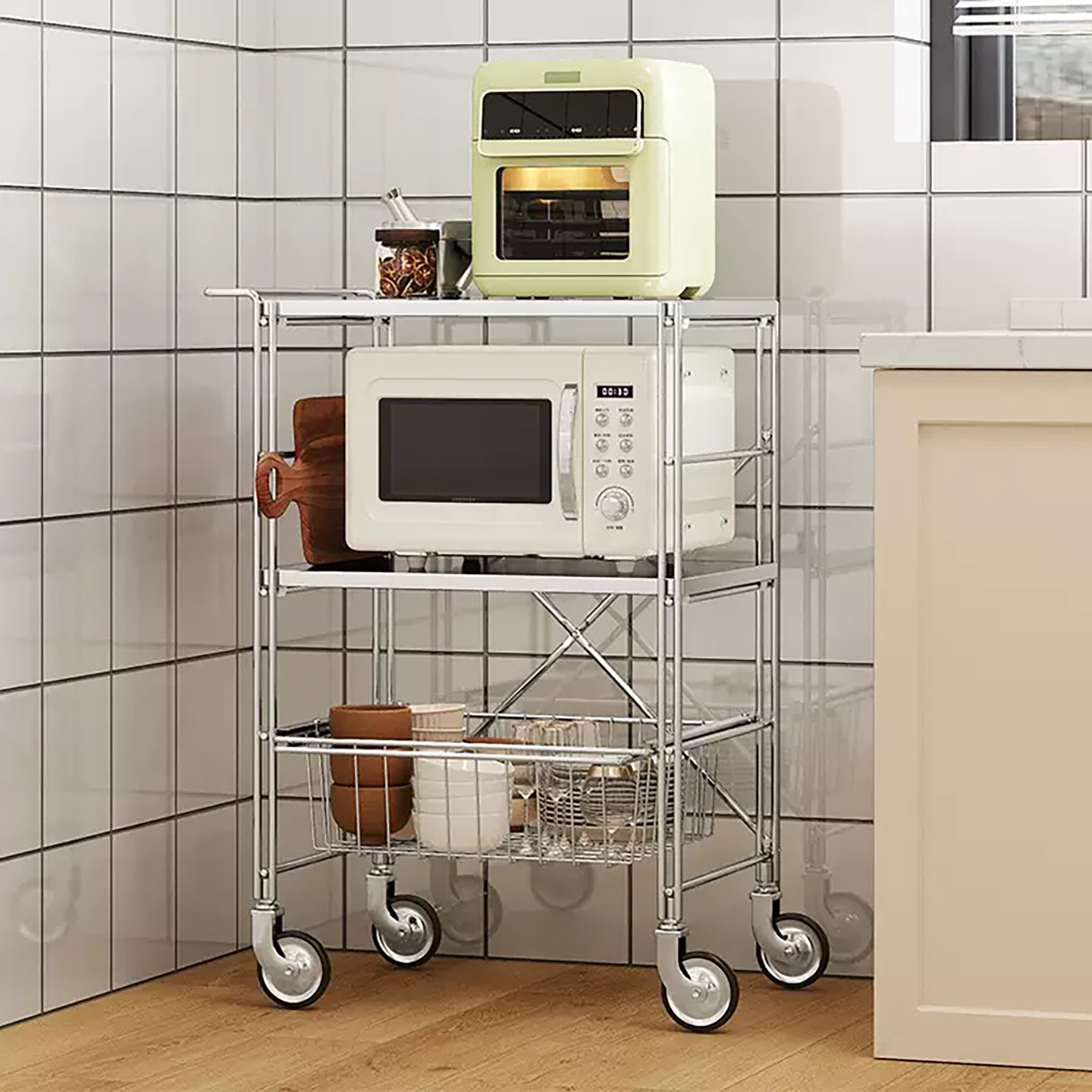 厨房置物架微波炉收纳家用不锈钢小推车餐车烤箱烤盘储物2025新款