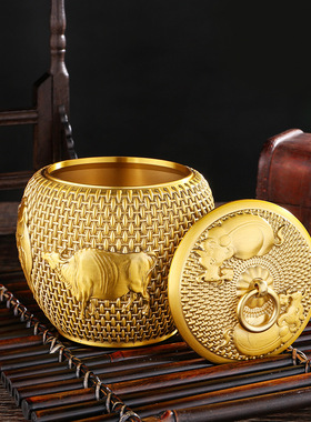 【JZ128】纯黄铜大号五牛茶叶罐带盖精雕收纳储物密封铜罐招米存