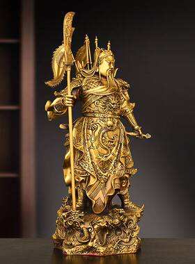 纯铜九龙关公摆件立刀关二爷家用眯眼闭眼武财神持剑背旗关羽铜像