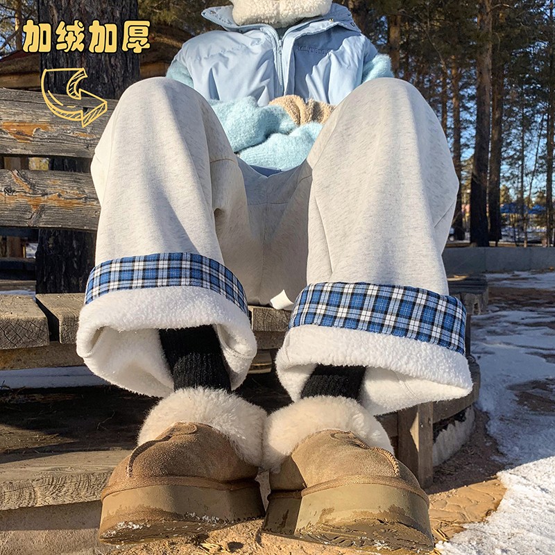 羊羔绒加厚保暖休闲裤子男秋冬宽松直筒阔腿裤格子卷边设计感卫裤 - 图2