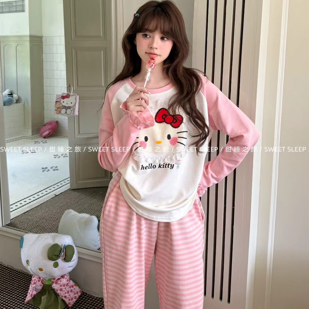 sweet sleep甜睡之旅秋季长袖纯棉睡衣女卡通kitty条纹小熊家居服 - 图2
