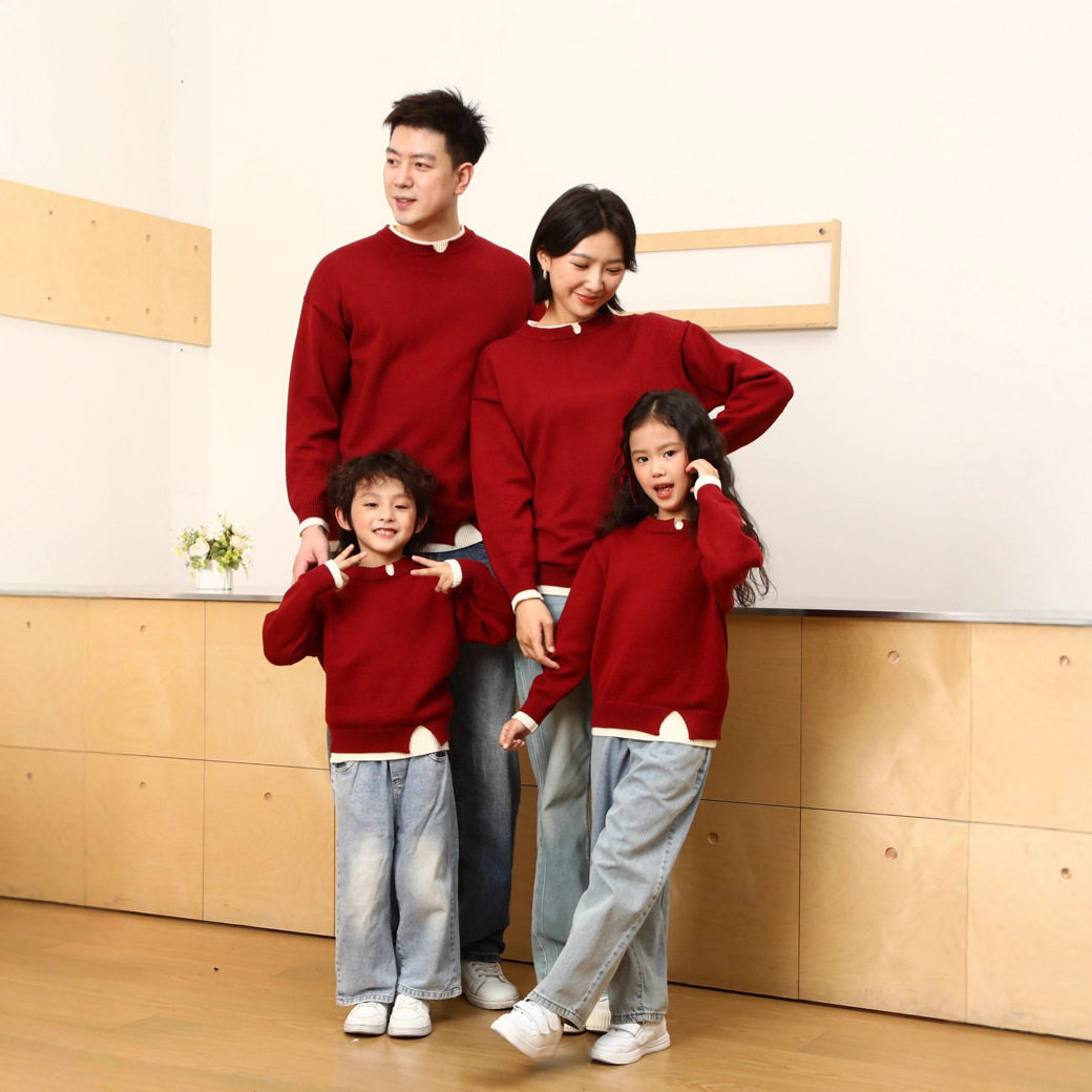 一家三口四口亲子装全家装母女亲子红色假两件套毛衣秋冬装亲子,淘宝优惠券,粉丝福利购,淘宝优惠卷