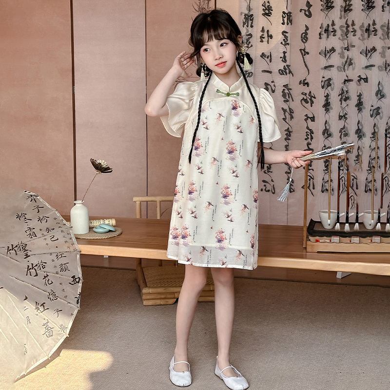 女童夏季旗袍连衣裙2024新款洋气女孩裙子夏款儿童复古汉服公主裙 - 图0