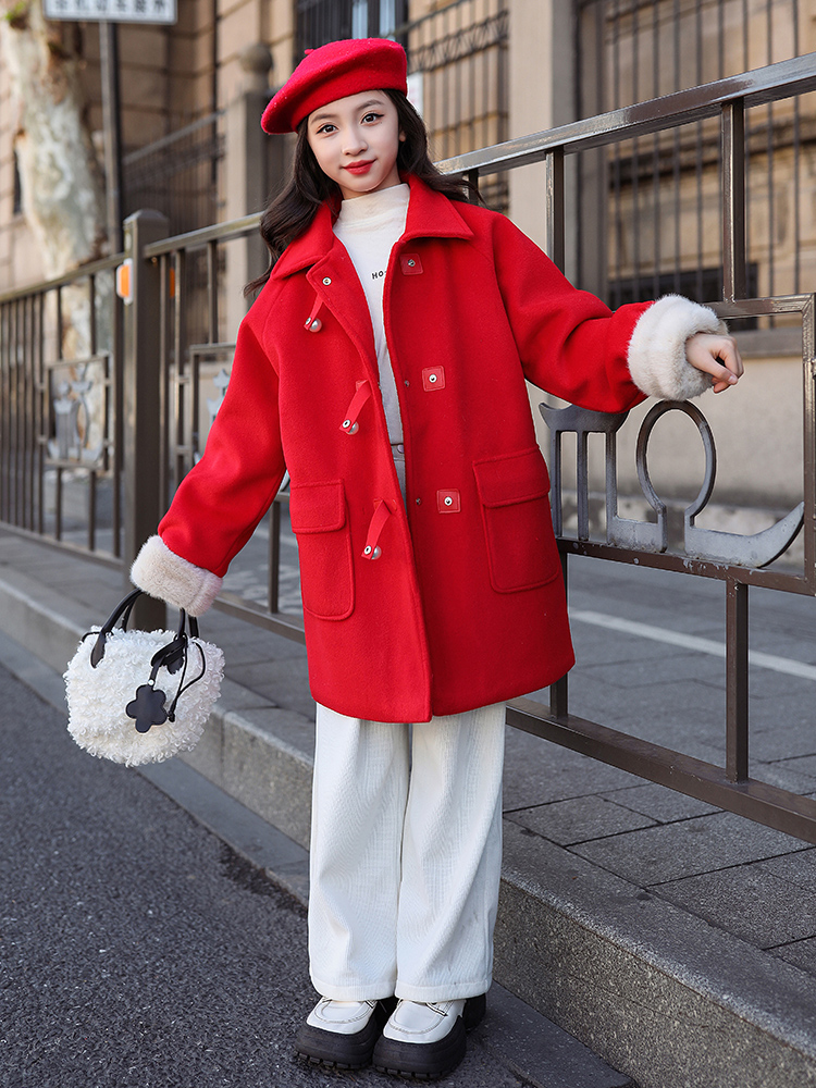 新年战袍女童呢子大衣冬装女孩加厚洋气圣诞年服儿童红色毛呢外套