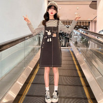 Girls dress for dress spring and autumn 2023 new foreign pistachio female great boy striped denim harness children two sets of skirts