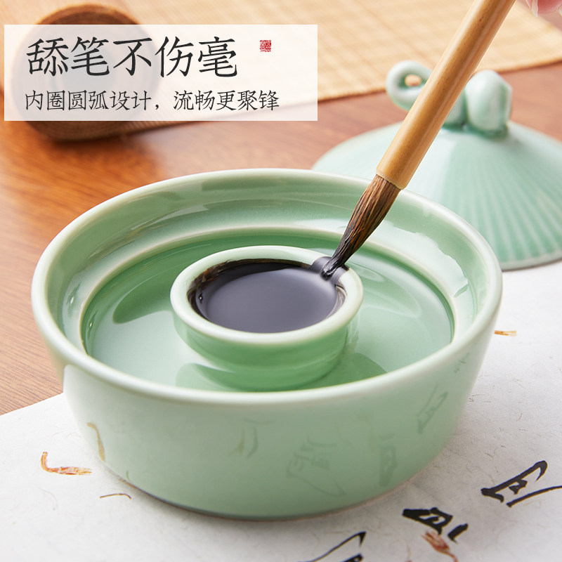 六品堂双圈带盖陶瓷火锅砚台多功能书法墨碟防蒸发不干墨复古墨池毛笔笔搁文房四宝摆件学生书画专用保湿墨盒,淘宝优惠券,粉丝福利购,淘宝优惠卷