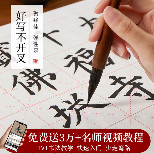 六品堂特制纯狼毫毛笔大师手造初学者入门成人小学生国画书法练字专用楷行草书大中小号精品湖笔专业级套装 - 图3