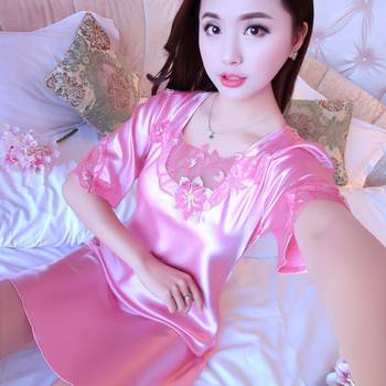 Pajamas for women summer nightgown ice silk short-sleeved summer lace spun silk loose suspenders silk spring and autumn home clothes