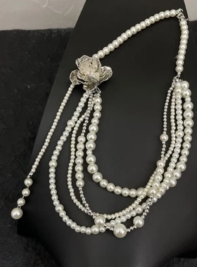 多层大小珍珠花朵叠戴流苏项链女毛衣链锁骨链Layered Necklace