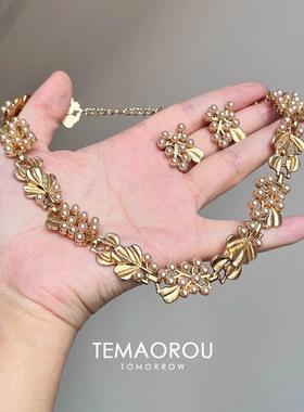 vintage中古金色项链缎带珍珠银杏叶毛衣链锁骨链中古珍珠项链