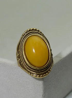 中古vintage铜合金镶黄色天然石活口戒指优雅个性设计时尚手饰女