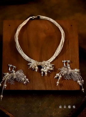 新款超仙白色珍珠蝴蝶结项链耳环套装新娘结婚盘发礼服跟妆配饰品