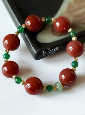 福金缀红绿玛瑙东陵玉好运势手串