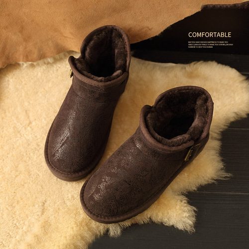 QNZY新款雪地靴女低筒短靴平跟搭扣真牛皮防滑牛筋底保暖休闲冬靴