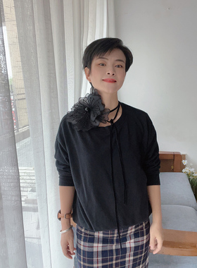 手工钉珠欧根纱花朵细丝绒颈带