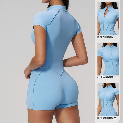 有胸垫 磨毛健身连体服女立领拉链运动一体式瑜伽连身衣连体短裤 - 图0