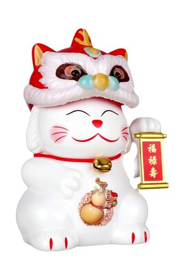 新款国潮太阳能醒狮招财猫自动点头车载家居店铺装饰摆件潮玩礼品