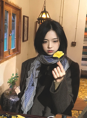 甜酷风灰蓝色褶皱花边波点丝巾