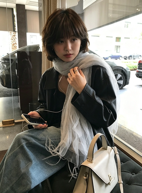 高级感双层欧根纱流苏系脖丝巾